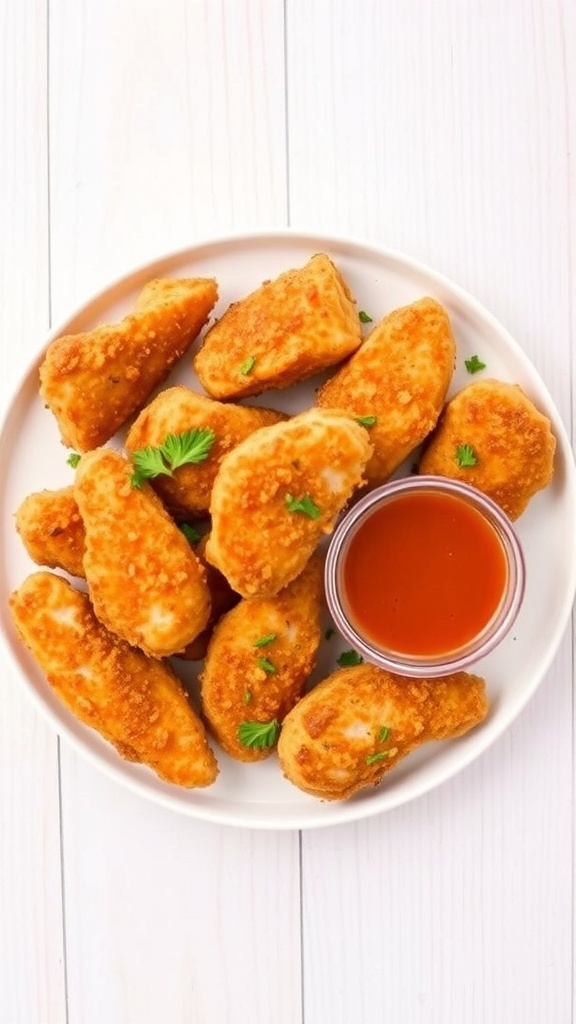 Crispy air fryer chicken tenders on a plate with dipping sauce and parsley garnish.
